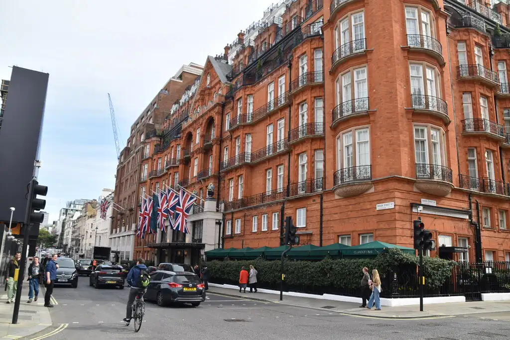 Claridge's red-brick exterior at the corner of Brook Street and Davies Street in Mayfair
